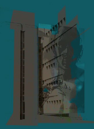 Dark teal collage combining a face with modernist architecture